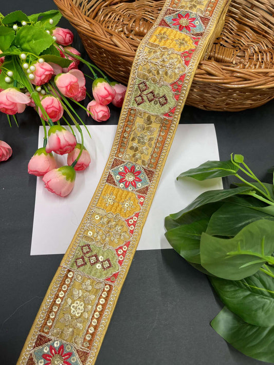 Sabyasachi Inspired Embroidered Sari Border with Zari & Sequin – 9 Meters, 2.5-Inch Designer Lace for Sarees & Lehengas | Gold