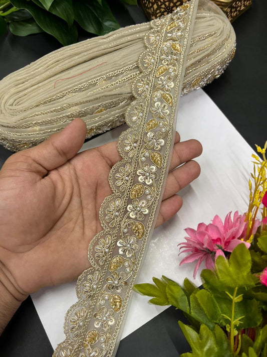 Exclusive Bridal Katdana Bead Work Laces – Designer Maggam Work Borders for Sarees, Lehengas & Dupattas (9 Meter, 2 Inch Width) | Gold