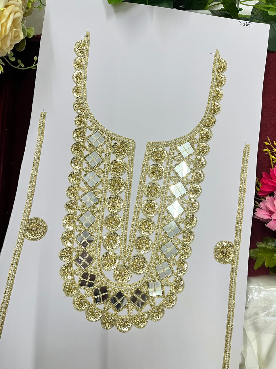 Handmade Mirror Work Neck Patch for Kurtis, Dresses & Blouses – Designer Handcrafted Mirror Neckline Applique | DC1005 | Gold