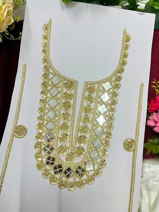 Handmade Mirror Work Neck Patch for Kurtis, Dresses & Blouses – Designer Handcrafted Mirror Neckline Applique | DC1005 | Gold