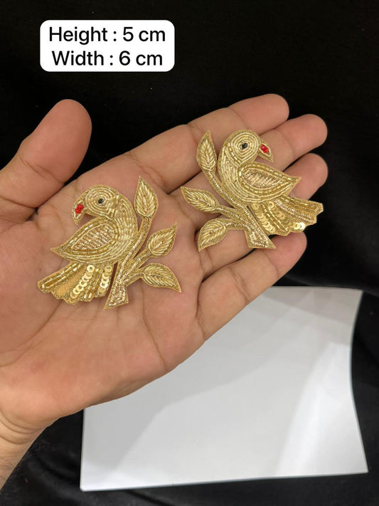 Handcrafted Parrot Zardozi Patch Set for Sarees, Lehengas & Blouses – Designer Embroidered Bird Applique (2 Pieces) | Gold