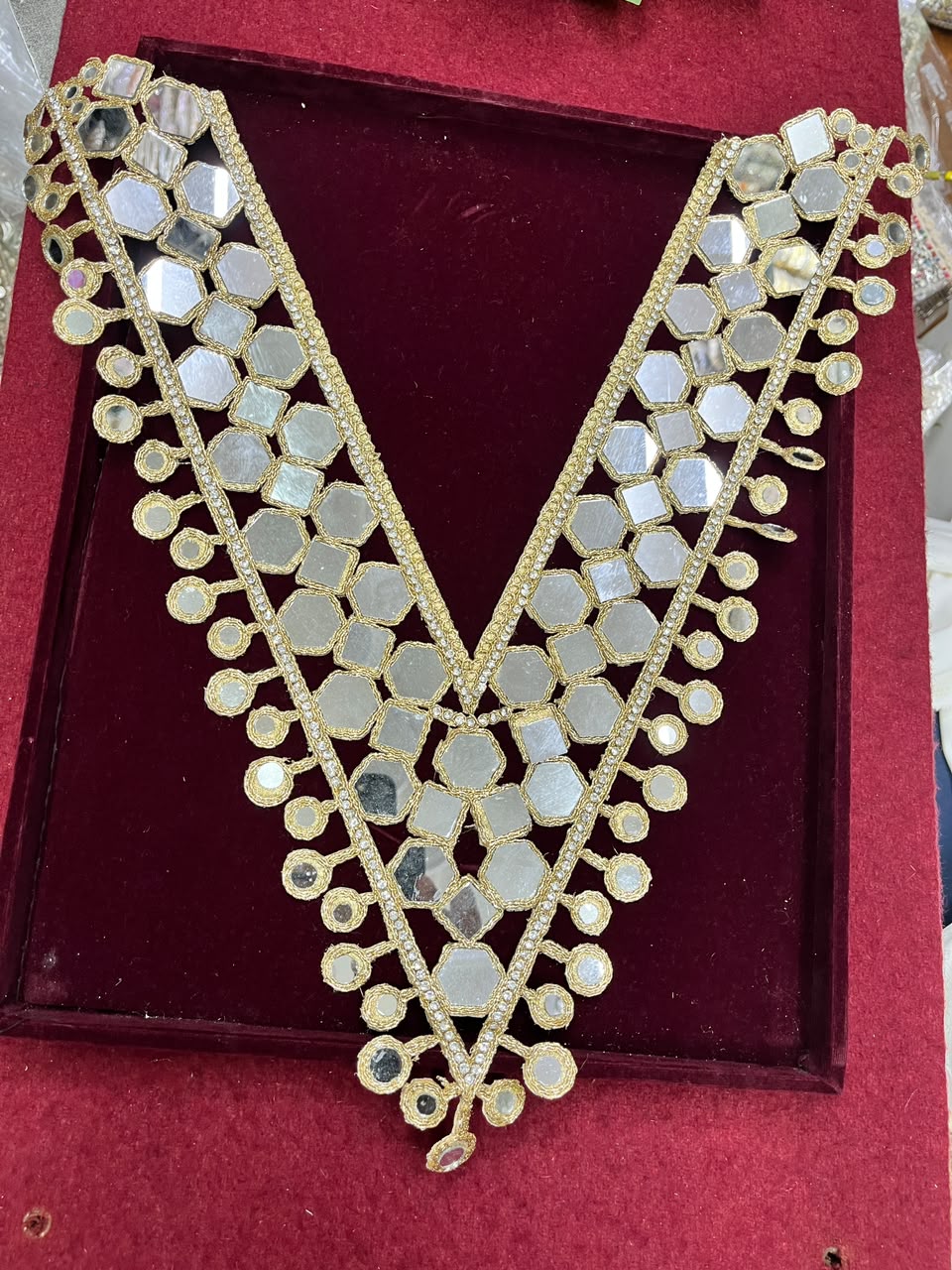Real Mirror Work Neck Patch for Kurtis, Dresses & Blouses – Designer Handcrafted Mirror Neckline Applique | DC0986 | Gold
