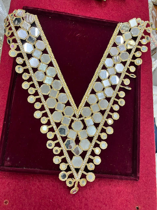 Real Mirror Work Neck Patch for Kurtis, Dresses & Blouses – Designer Handcrafted Mirror Neckline Applique | DC0986 | Gold