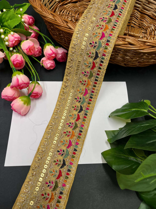 Exquisite Embroidered Lace Border – 9 Meters, 2.5-Inch Sabyasachi Inspired Designer Trim for Sarees & Lehengas | Gold