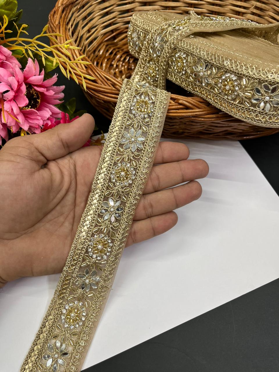 Elegant Real Mirror Lace with Rhinestone – Premium 1.5 Inch Designer Mirror Work Border for Sarees, Dupattas & Lehengas (9 Meter) | Gold