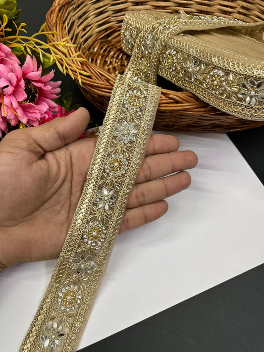 Elegant Real Mirror Lace with Rhinestone – Premium 1.5 Inch Designer Mirror Work Border for Sarees, Dupattas & Lehengas (9 Meter) | Gold