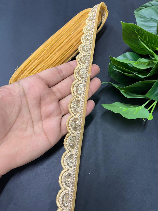 Gold Sequin Embroidered Lace on Net Fabric – Tone-to-Tone Design for Sarees, Dresses & Crafts – 9 Meter | Gold