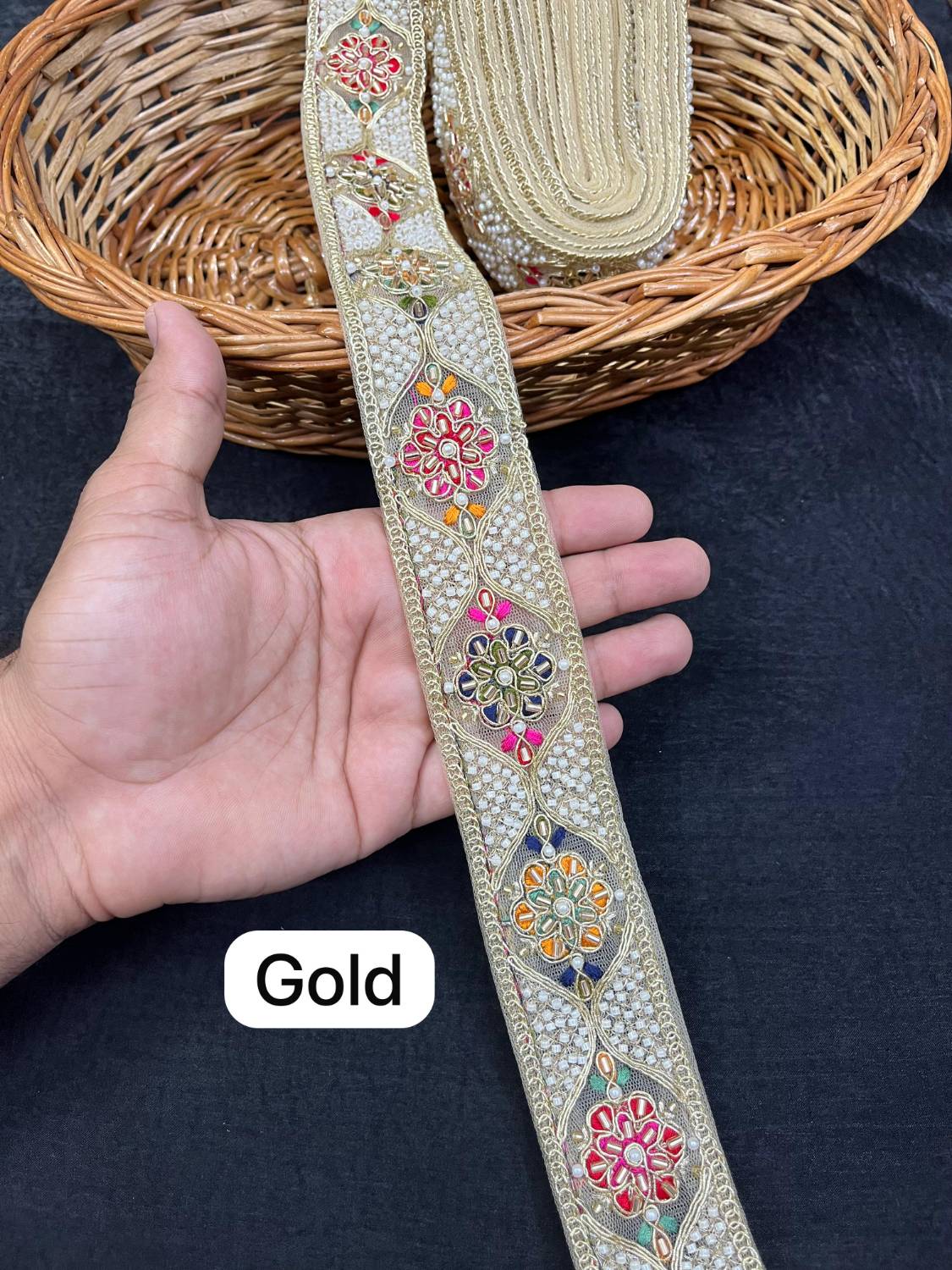 Multicoloured Bead Work Designer Lace on Net Fabric for Sarees & Lehengas (9 Meter) | Gold