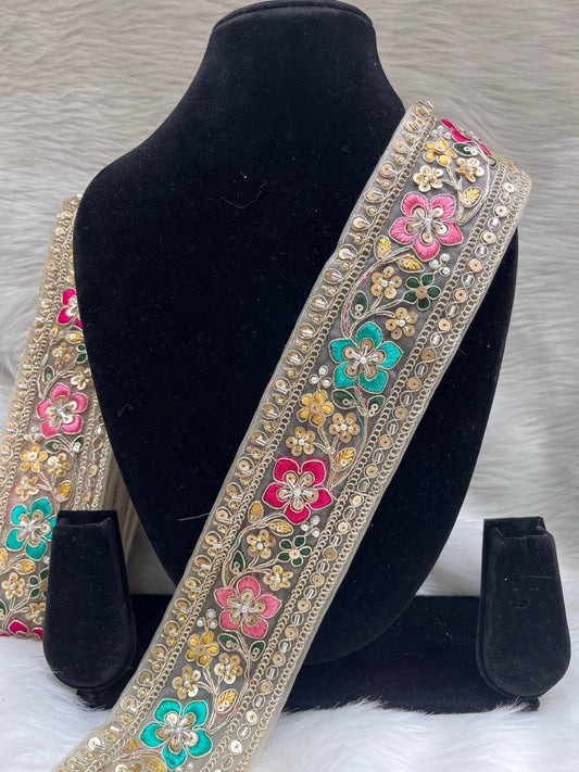 Embroidered Beaded Sequins Lace Borders on Net Fabric – 9 Meters, 2.5-Inch Maggam Work Trim for Sarees & Lehengas | Gold