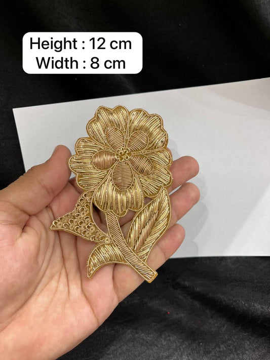 Handcrafted Flower Zardozi Patch for Sarees & Lehengas – Designer Floral Embroidered Applique Patch | Gold