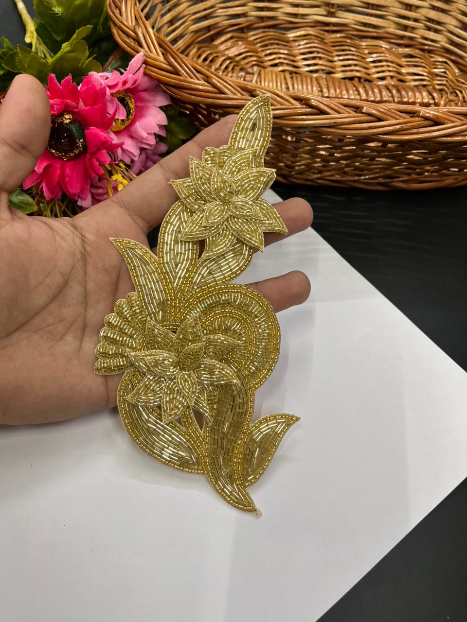 Handcrafted Beaded Patch – Premium Designer Embellishment | Gold