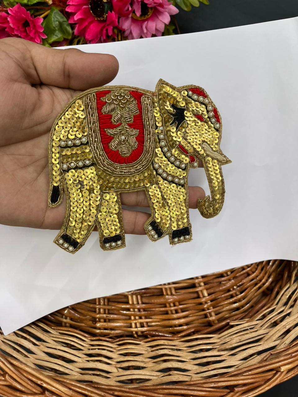 Handcrafted Elephant Patch – Premium Traditional Designer Embellishment | Gold & Red