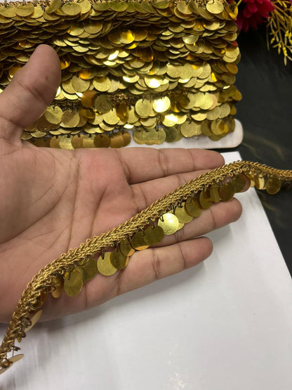 Plastic Coin Lace | Tassel Coin Lace – Trendy Latkan Border for Sarees, Dupattas & Party Wear (9 Meter, 1 Inch Width) | Golden