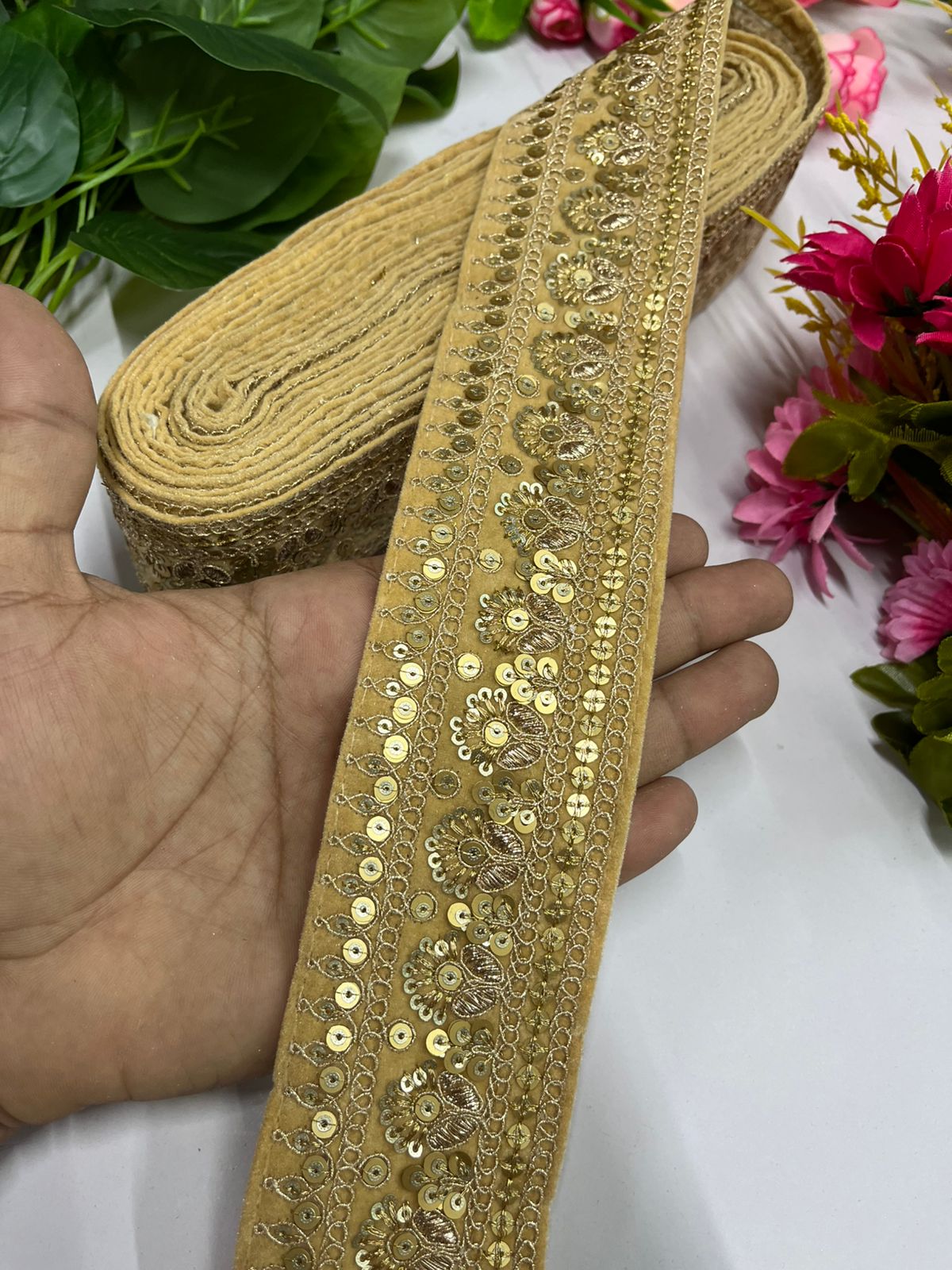 Gold Zari Sequins Embroidered Velvet Lace Border | Velvet Designer Lace (9 Mtr) | Golden