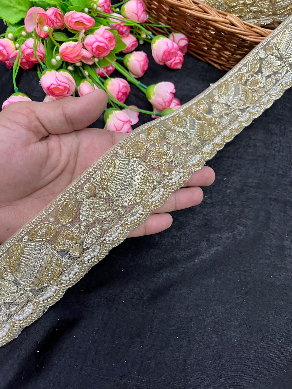 Golden Maggam Work Lace for Sarees, Lehengas, Dupattas & Blouses – Designer Embroidered Maggam Lace Border (2 Inch) | DC1054 | Golden