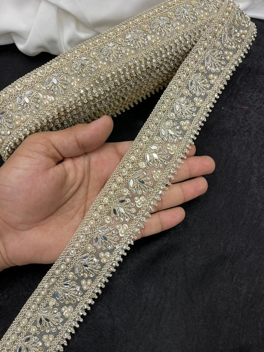 Pearl Work Diamond Lace with Real Mirror for Sarees, Kurtis & Lehengas – Designer Gold Embroidered Lace Border (1.5 Inch)