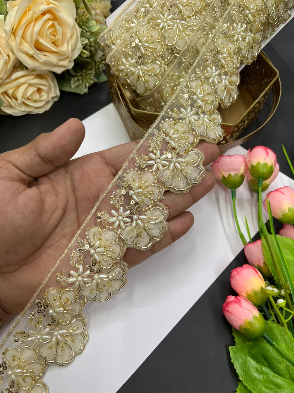 Luxurious Flower Design Imported Lace Trims – Premium 2.5 Inch Decorative Border for Sarees, Blouses & Ethnic Wear (9 Meter) | Golden