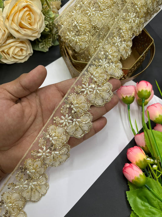 Luxurious Flower Design Imported Lace Trims – Premium 2.5 Inch Decorative Border for Sarees, Blouses & Ethnic Wear (9 Meter) | Golden