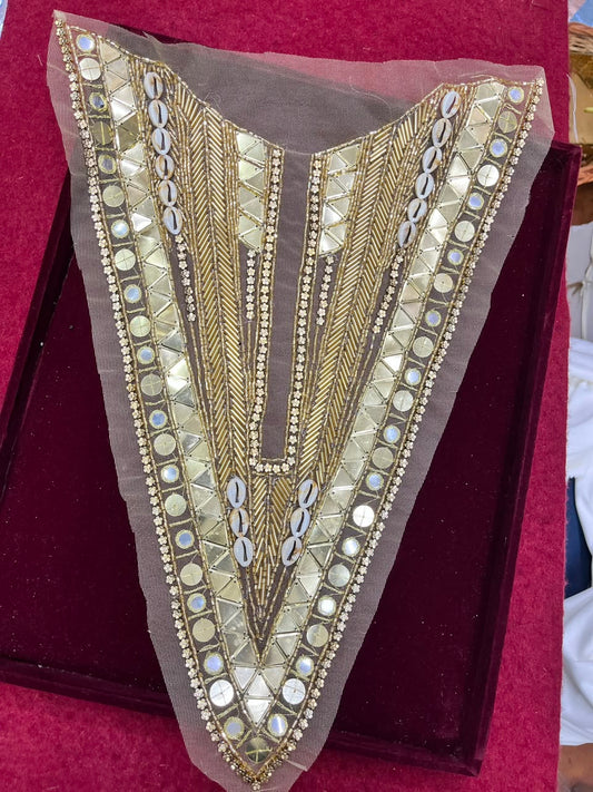 Designer Handcrafted Neck Patch for Dresses, Kurtis & Blouses – Premium Embroidered Neckline Applique | DC0982 | Golden