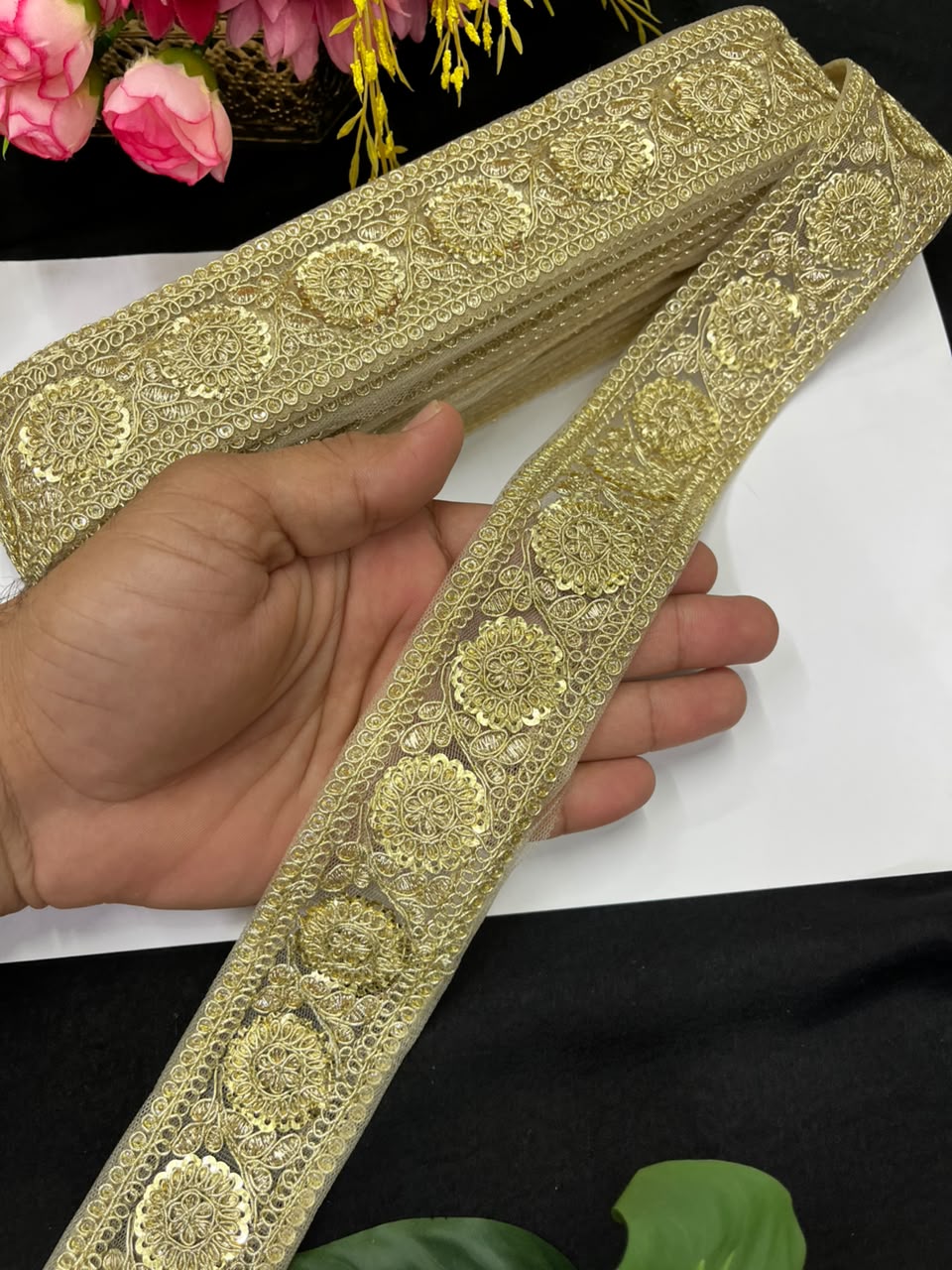 Golden Zari Embroidered Lace on Net Fabric for Sarees, Lehengas & Dupattas – Designer Embroidered Lace Border (1.5 Inch) | Golden