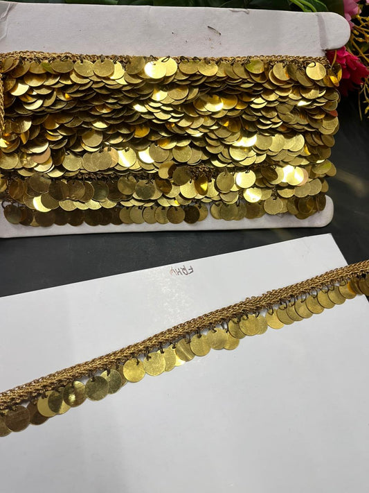 Plastic Coin Lace | Tassel Coin Lace – Trendy Latkan Border for Sarees, Dupattas & Party Wear (9 Meter, 1 Inch Width) | Golden