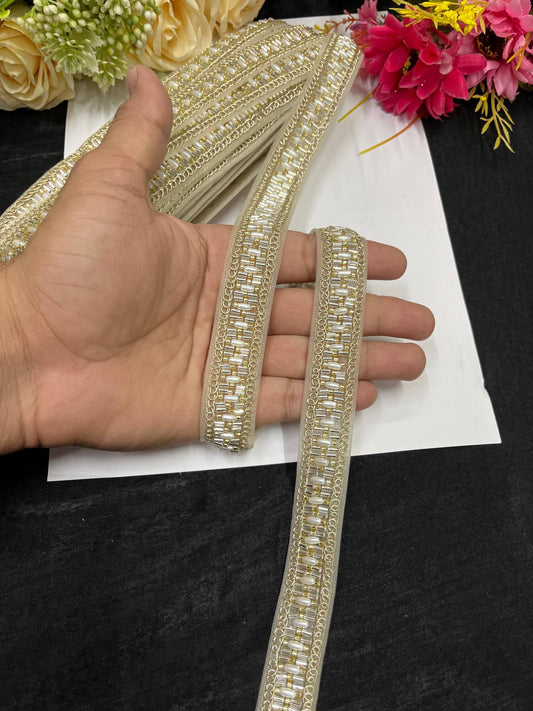 Delicate Pearl Work Designer Saree Laces – 9 Meters, 1-Inch Maggam Work Border for Sarees, Lehengas & Dupattas | Gold