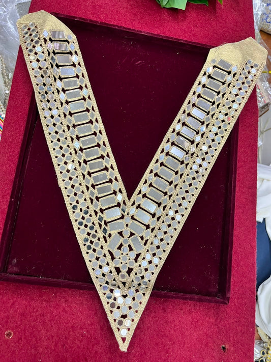 Real Mirror Work Neck Patch for Kurtis, Dresses & Blouses – Designer Handcrafted Mirror Neckline Applique | DC1003 | Golden
