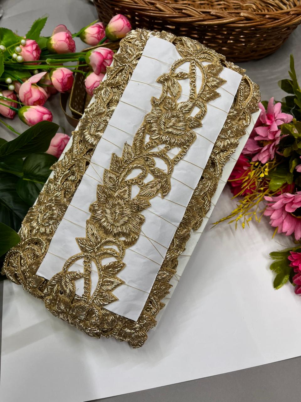 Handcrafted Cutwork Zardozi Dabka Borders – Premium 2 Inch Handmade Decorative Lace for Bridal & Ethnic Wear (9 Meter) | Golden