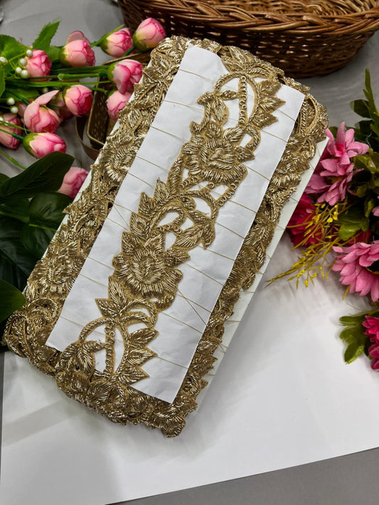 Handcrafted Cutwork Zardozi Dabka Borders – Premium 2 Inch Handmade Decorative Lace for Bridal & Ethnic Wear (9 Meter) | Golden