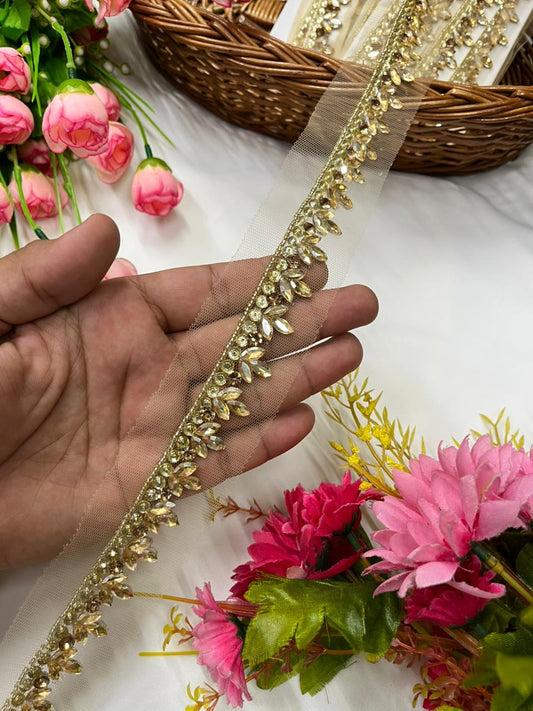 Handcrafted Rhinestone Trim for Sarees, Lehengas & Dresses – Designer Handmade Stone Lace Border (1 Inch) Golden