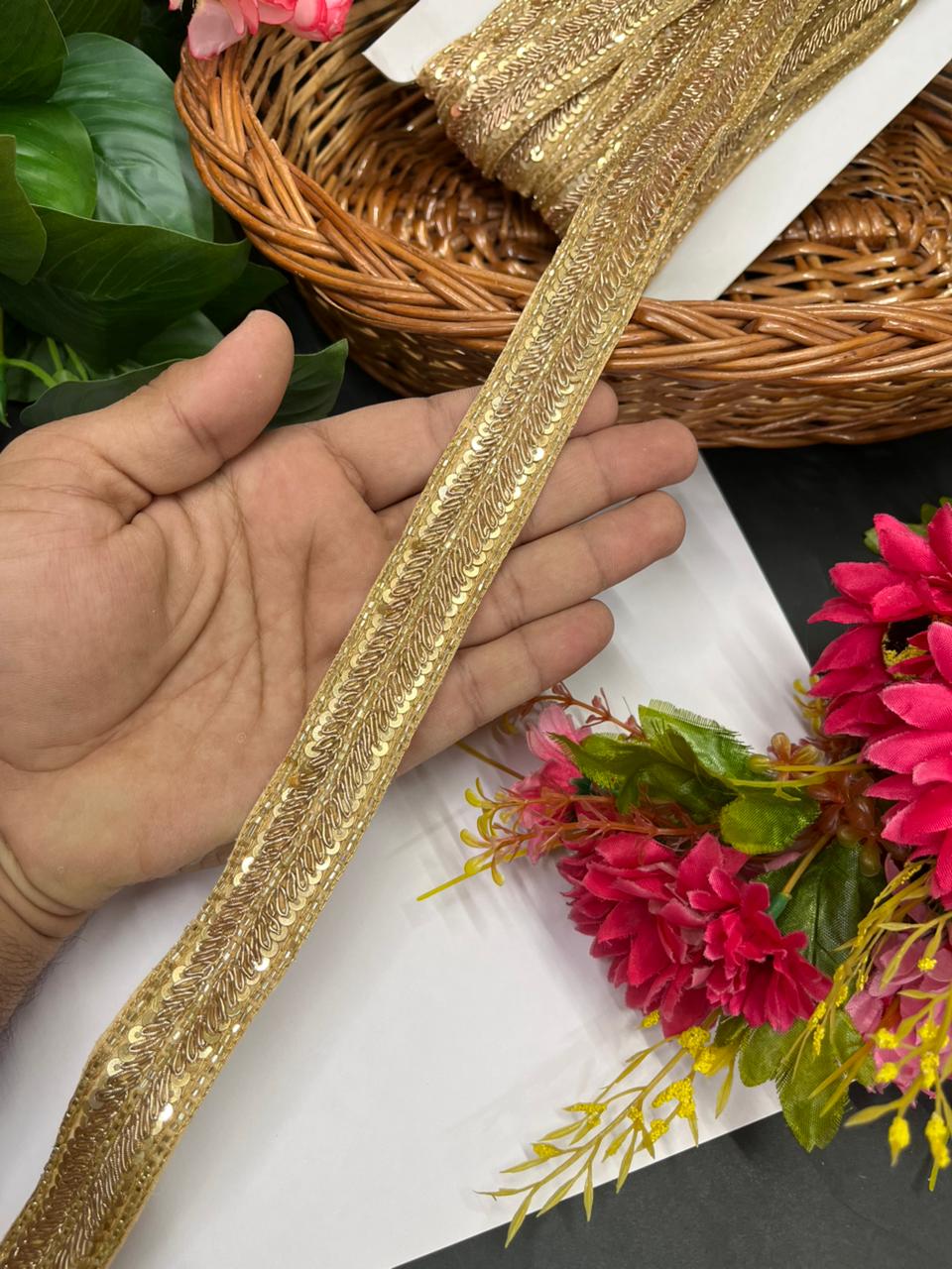 Handcrafted Zardozi Lace with Sequins – Premium Handmade Ethnic Lace Border for Sarees & Dupattas | Golden
