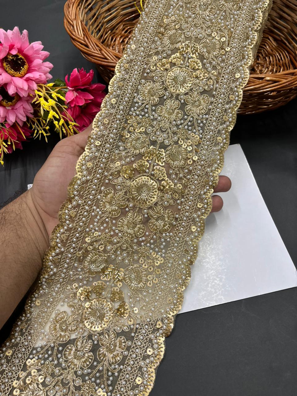 Luxurious Beaded Cutdana Bridal Lehenga Lace Borders – Heavy Designer Embellished Trim for Bridal Lehengas, Sarees & Dupattas (9 Meter, 5.5 Inch Width) | Gold