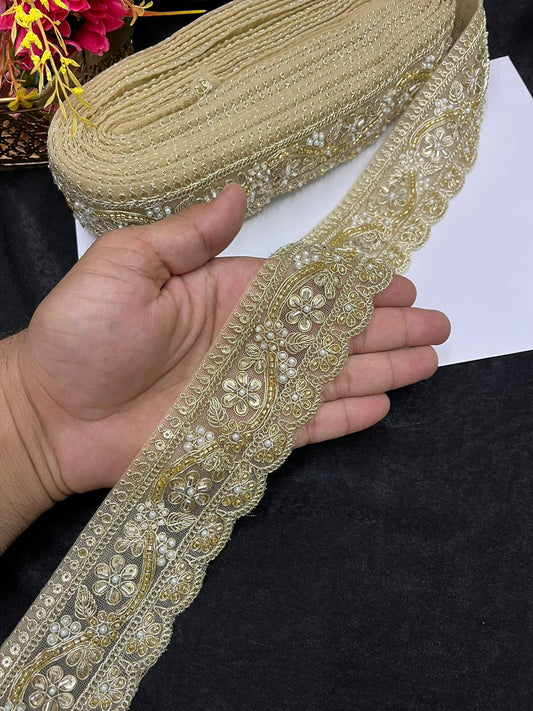 Designer Maggam Work Saree Border on Net Fabric – Handcrafted Embroidered Lace for Sarees, Blouses & Lehengas (2 Inch) | Golden