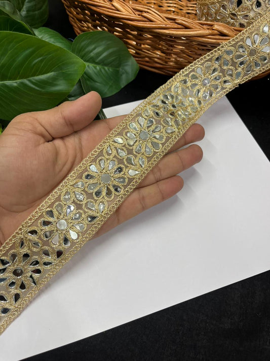 Luxurious Real Mirror Work Laces – Premium Designer Mirror Lace | Golden
