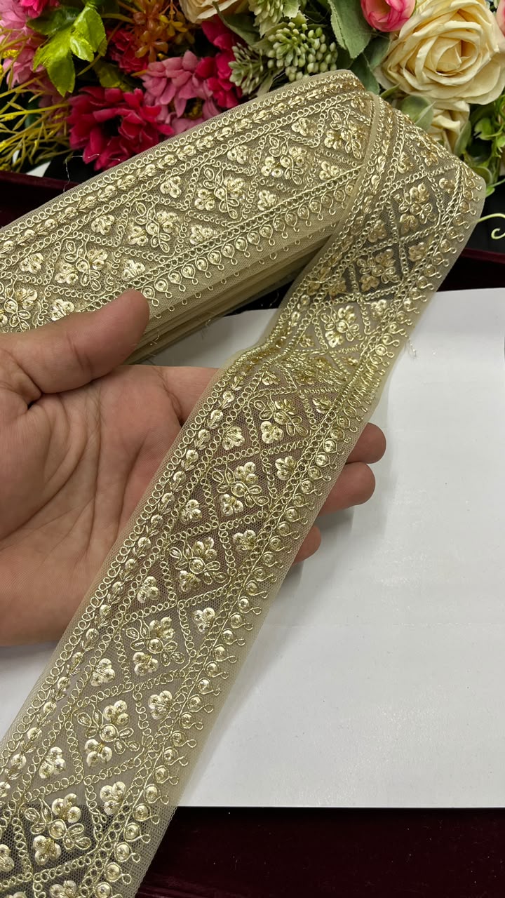 Golden Sequin Work Embroidered Saree Lace for Sarees, Lehengas, Dupattas & Blouses – Designer Gold Embroidery Lace Border (2.5 Inch) | DC1072 | Golden
