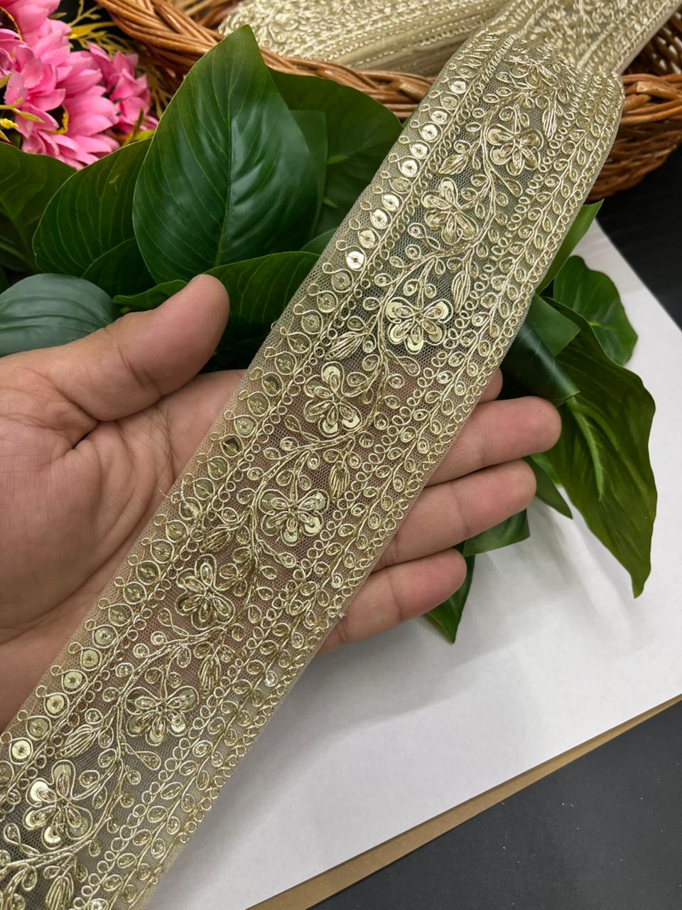 Embroidered Zari Lace Border for Saree, Lehenga & Craft Projects – Heavy 3 Inch Designer Embroidery Lace for Ethnic Wear (9 Meter) | Golden