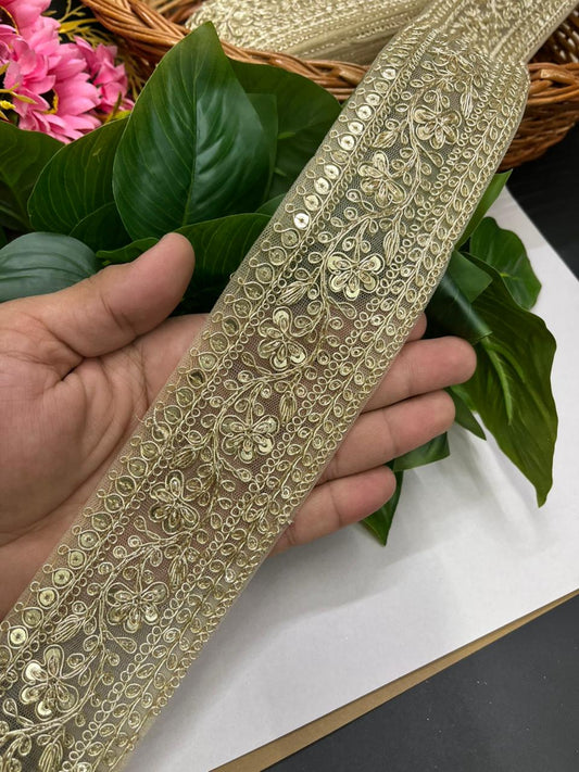 Embroidered Zari Lace Border for Saree, Lehenga & Craft Projects – Heavy 3 Inch Designer Embroidery Lace for Ethnic Wear (9 Meter) | Golden