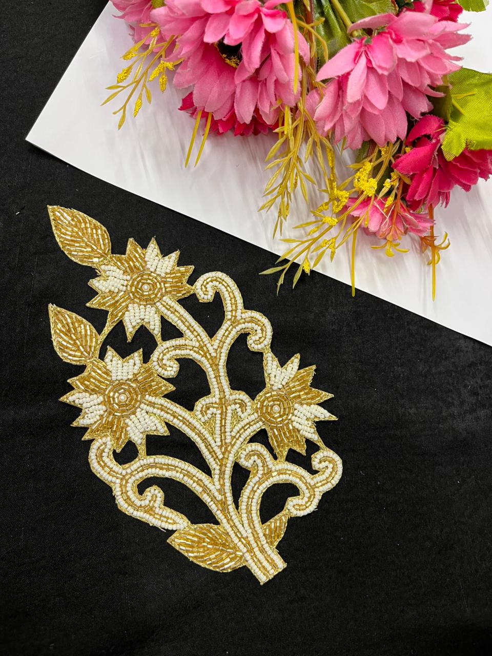 Handcrafted Beaded Cutwork Patch Gold Applique for Sarees, Blouses & Dresses – Designer Embroidered Applique Patch | Golden