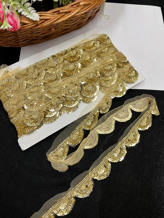 Luxurious Scalloped Beaded Handcrafted Lace – Premium Handmade Designer Lace | Golden