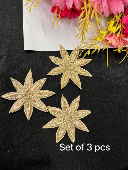 Beautiful Handcrafted Zardozi Flower Patch Applique Set of 3 for Sarees, Blouses & Dresses – Designer Floral Embroidery Patch | Golden