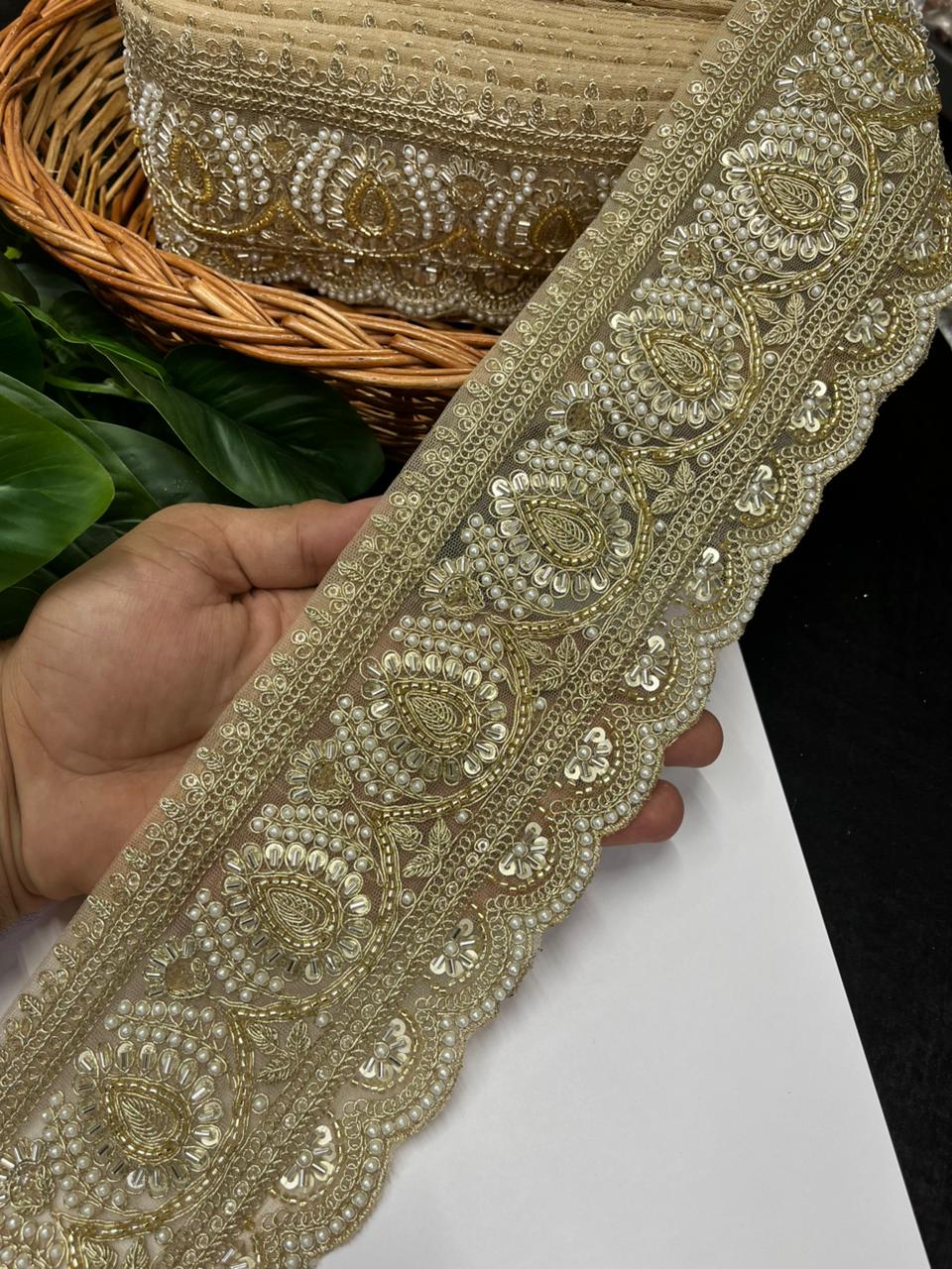 Beautiful Cutdana & Pearl Work Maggam Work Bridal Lace – Premium Designer Bridal Lace | Golden