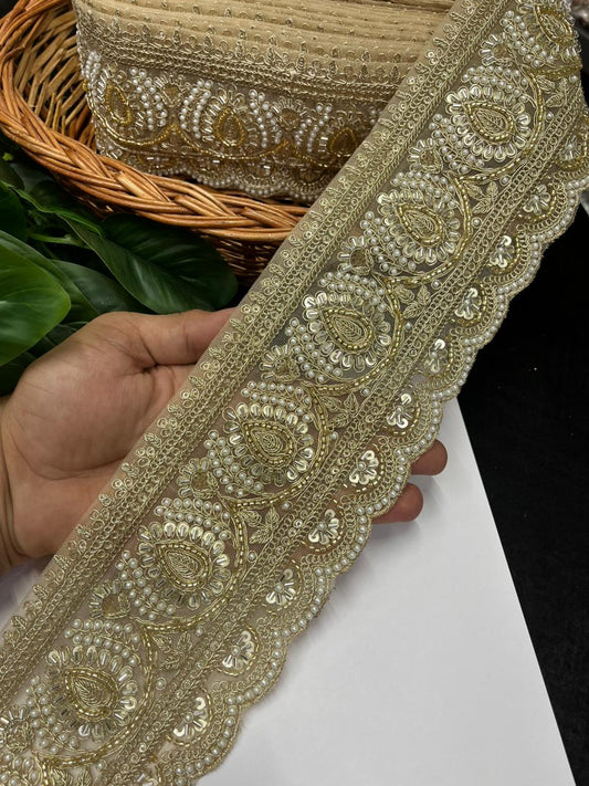 Beautiful Cutdana & Pearl Work Maggam Work Bridal Lace – Premium Designer Bridal Lace | Golden