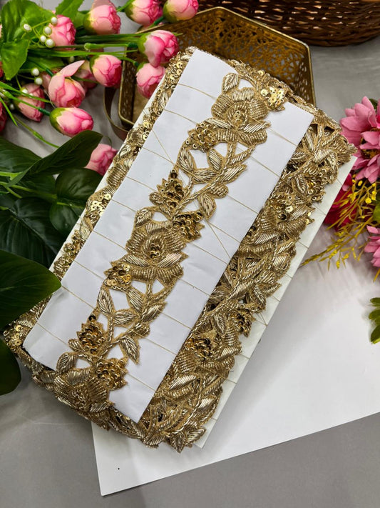 Handmade Cutwork Dabka Borders – Premium 2 Inch Handcrafted Decorative Lace for Bridal & Ethnic Wear (9 Meter) | Golden