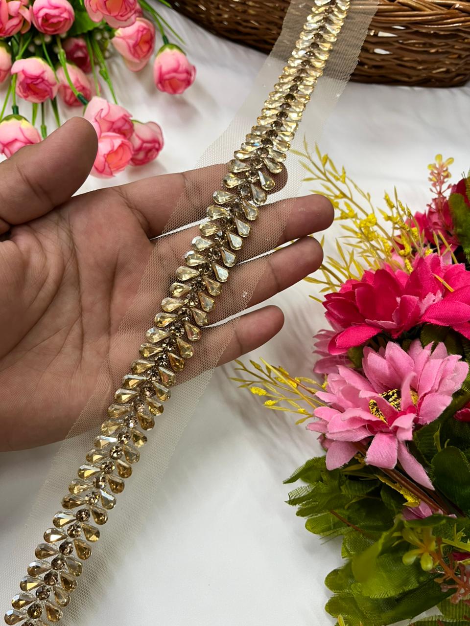 Handcrafted Rhinestone Trim for Sarees, Lehengas & Dresses – Designer Handmade Stone Lace Border (1 Inch) Golden