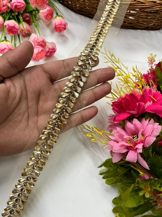 Handcrafted Rhinestone Trim for Sarees, Lehengas & Dresses – Designer Handmade Stone Lace Border (1 Inch) Golden