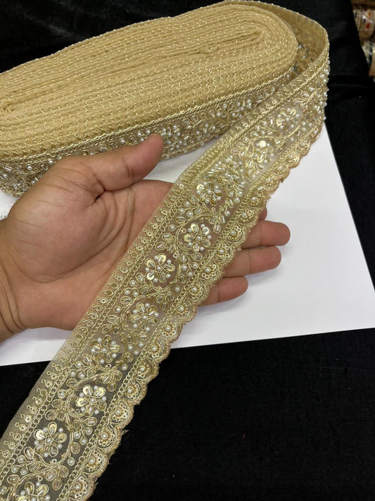 Rich Maggam Work Saree Border Lace for Blouses, Lehengas & Dresses – Designer Handcrafted Embroidered Lace (2.5 Inch) | Golden