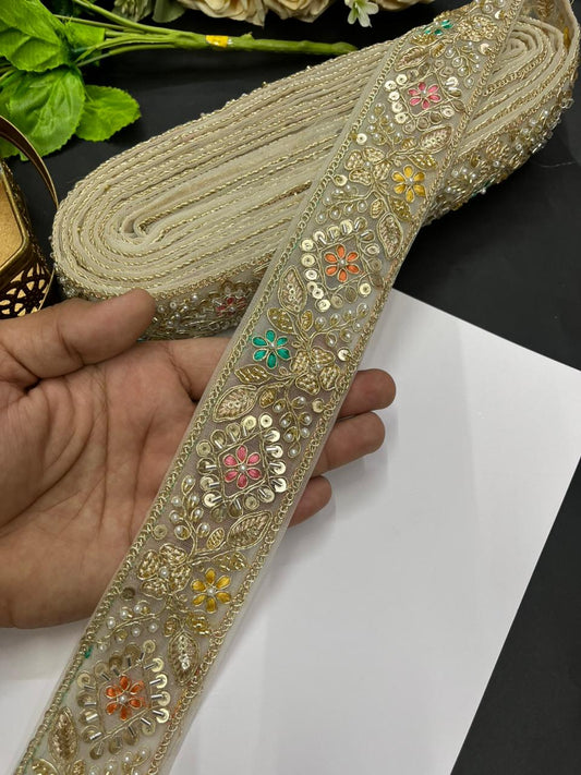 Designer Maggam Work Laces for Sarees – Premium 2 Inch Hand-Embellished Border for Lehengas, Dupattas & Bridal Wear (9 Meter) | Golden