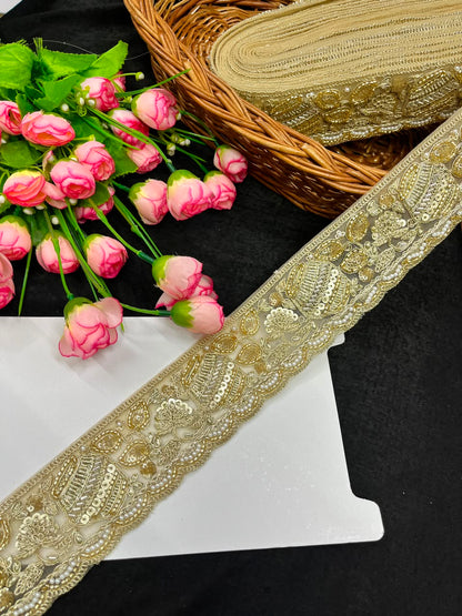 Golden Maggam Work Lace for Sarees, Lehengas, Dupattas & Blouses – Designer Embroidered Maggam Lace Border (2 Inch) | DC1054 | Golden