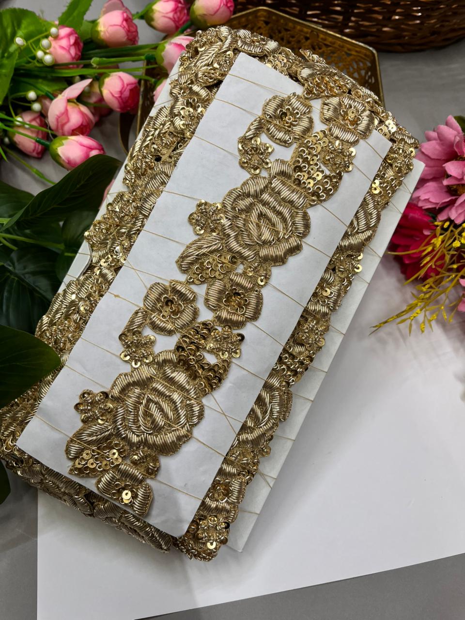 Handcrafted Cutwork Zardozi Dabka Borders – Premium 2 Inch Handmade Decorative Lace for Bridal & Ethnic Wear (9 Meter) | Golden