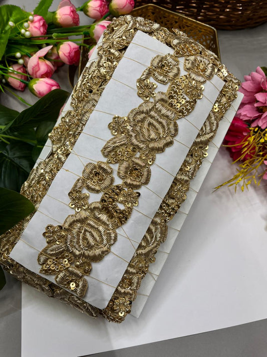 Handcrafted Cutwork Zardozi Dabka Borders – Premium 2 Inch Handmade Decorative Lace for Bridal & Ethnic Wear (9 Meter) | Golden